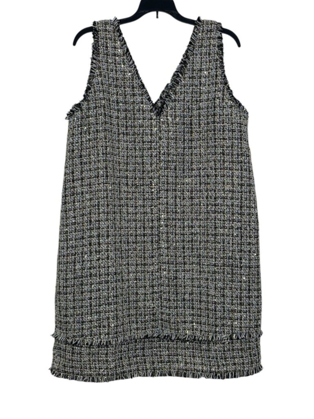 LOFT Womens Dress Size 12 Tweed Sleeveless V-Neck Fringe Navy White Gold NWT - Picture 2 of 11